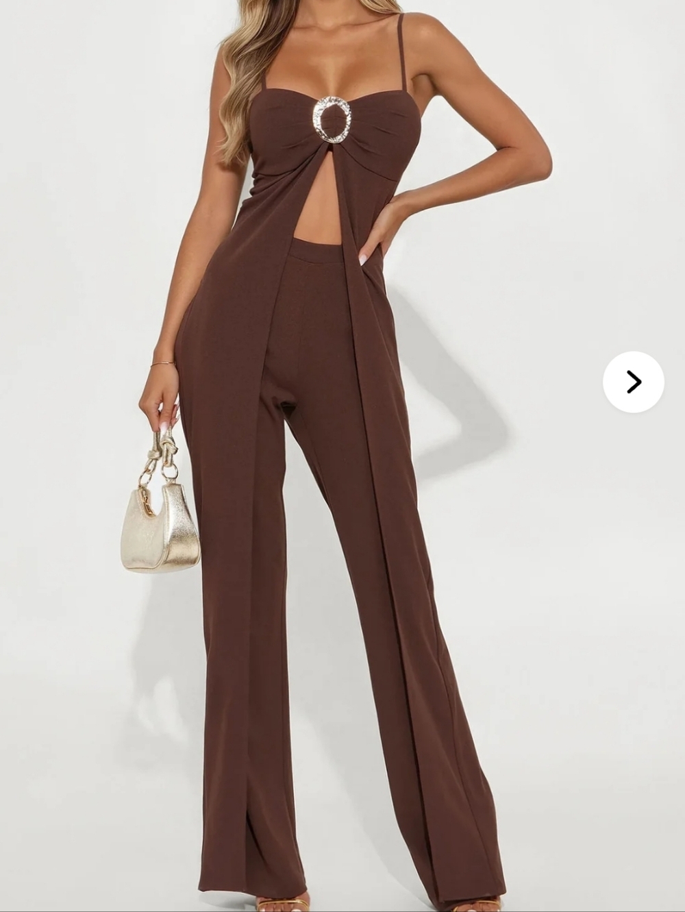 Fashion Nova Brown Strap Ring Wide-Leg Jumpsuit